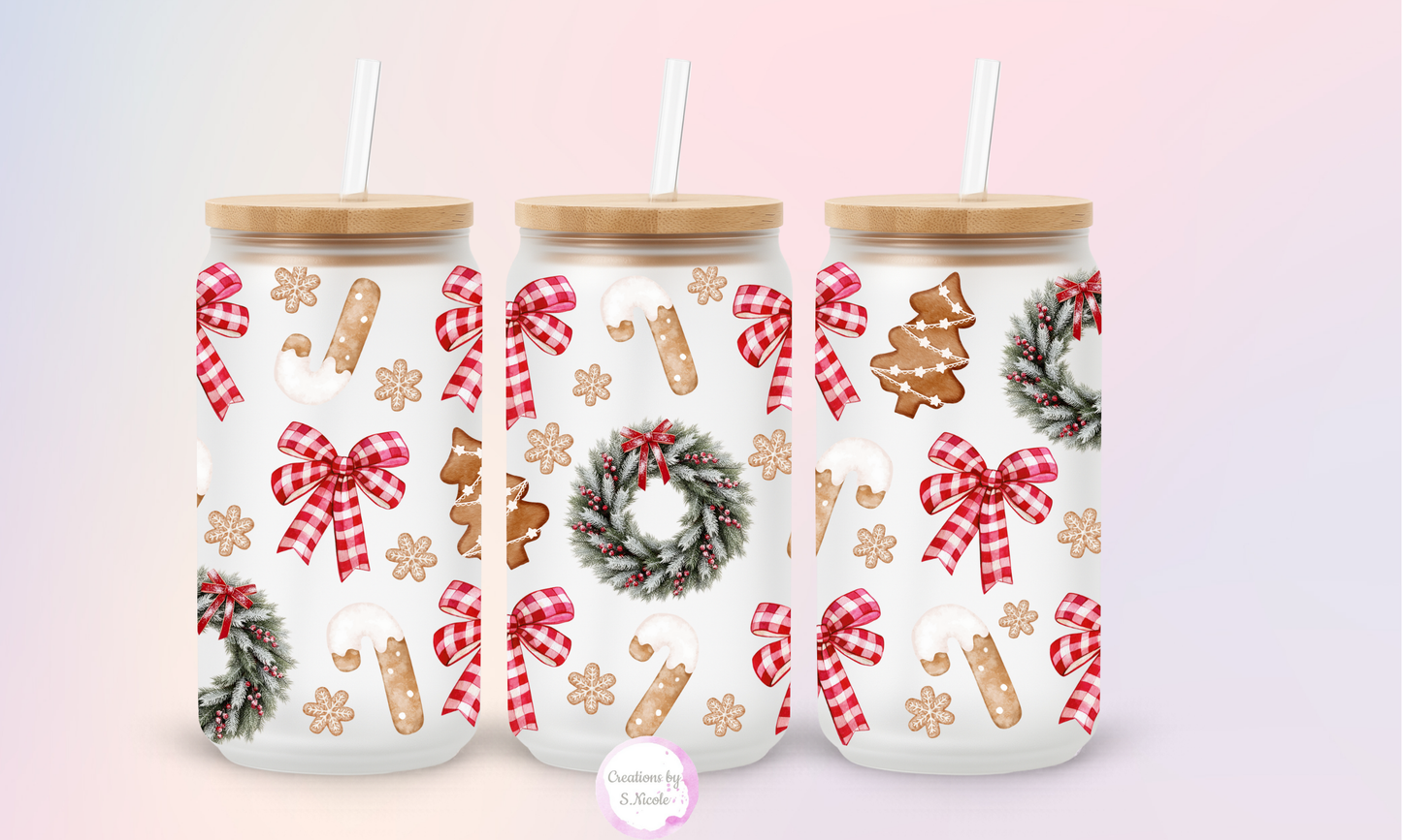 Red Bow & Wreath Frosted Glass Can