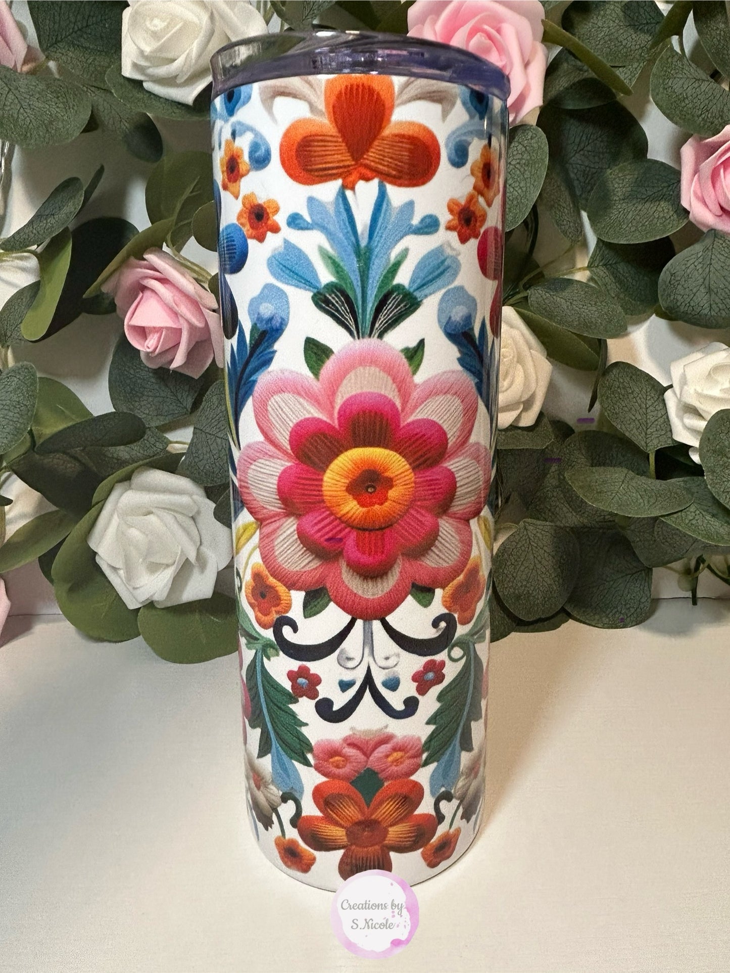 Floral Embroidery Skinny Tumbler