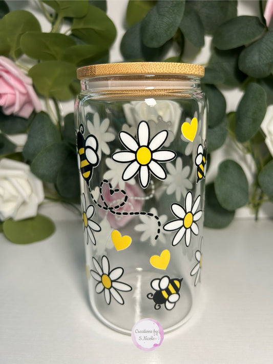 Bee & Daisies Glass Can